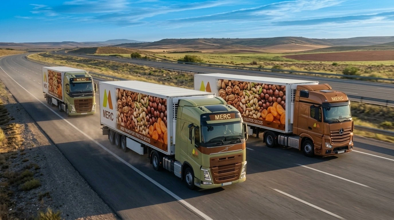 Camiones de carga con el logo de VOLT transportando frutos secos